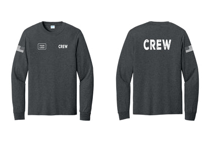 NYC Factory Custom Work Crew Uniform Cotton Long Sleeve Tee with Your Logo (Rustic) - CREW + Your Logo + Back + US Flag Sleeve - Dark Heather Grey