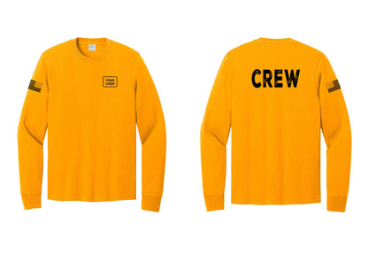 NYC Factory Custom Work Crew Uniform Cotton Long Sleeve Tee with Your Logo (Rustic) - Your Logo + Back + US Flag Sleeve - Gold