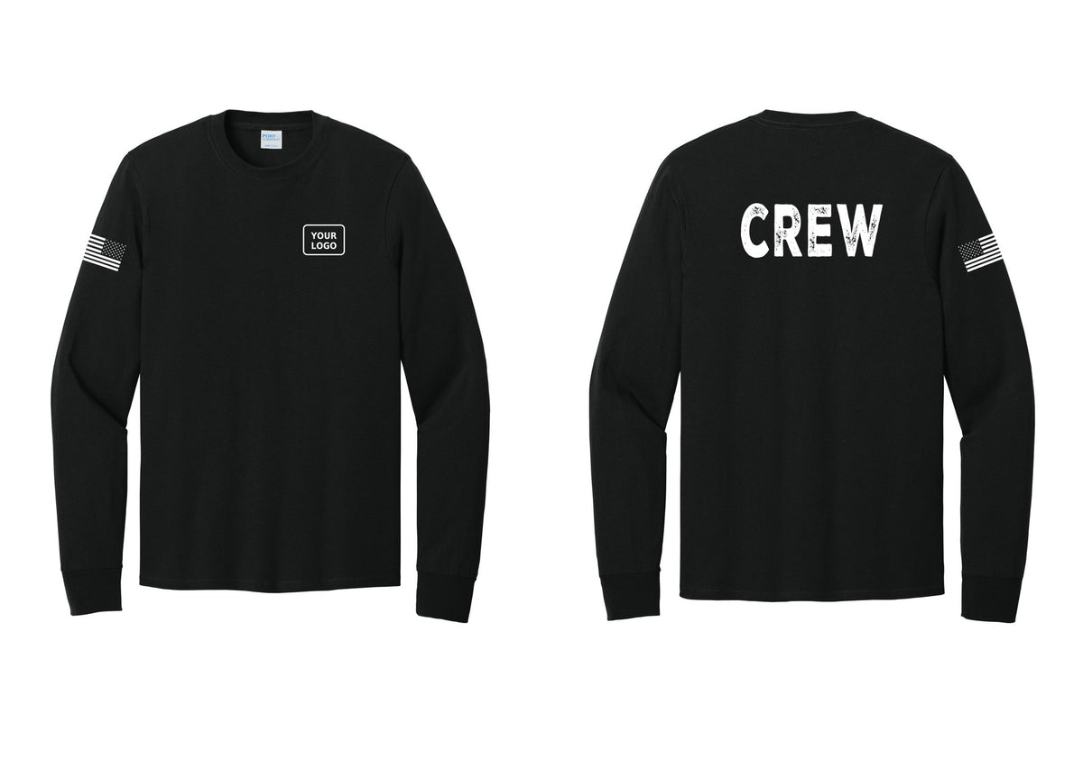 NYC Factory Custom Work Crew Uniform Cotton Long Sleeve Tee with Your Logo (Rustic) - Your Logo + Back + US Flag Sleeve - Black