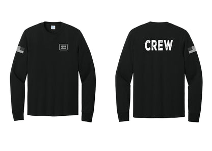 NYC Factory Custom Work Crew Uniform Cotton Long Sleeve Tee with Your Logo (Rustic) - Your Logo + Back + US Flag Sleeve - Black