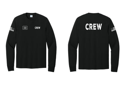NYC Factory Custom Work Crew Uniform Cotton Long Sleeve Tee with Your Logo (Rustic) - CREW + Your Logo + Back + US Flag Sleeve - Black