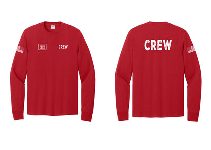 NYC Factory Custom Work Crew Uniform Cotton Long Sleeve Tee with Your Logo (Rustic) - CREW + Your Logo + Back + US Flag Sleeve - Red