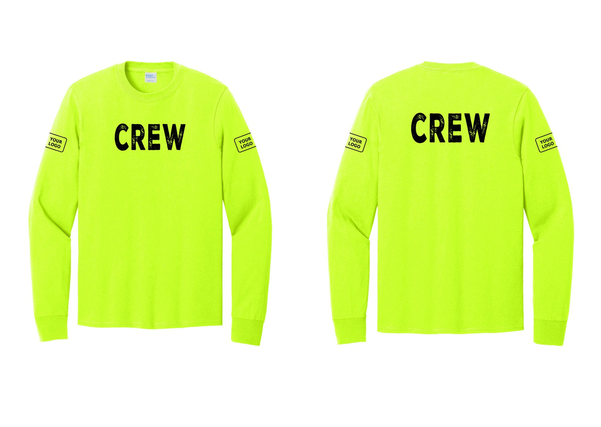 NYC Factory Custom Work Crew Uniform Cotton Long Sleeve Tee with Your Logo (Rustic) - Front + Back + Your Logo Sleeves - Safety Green