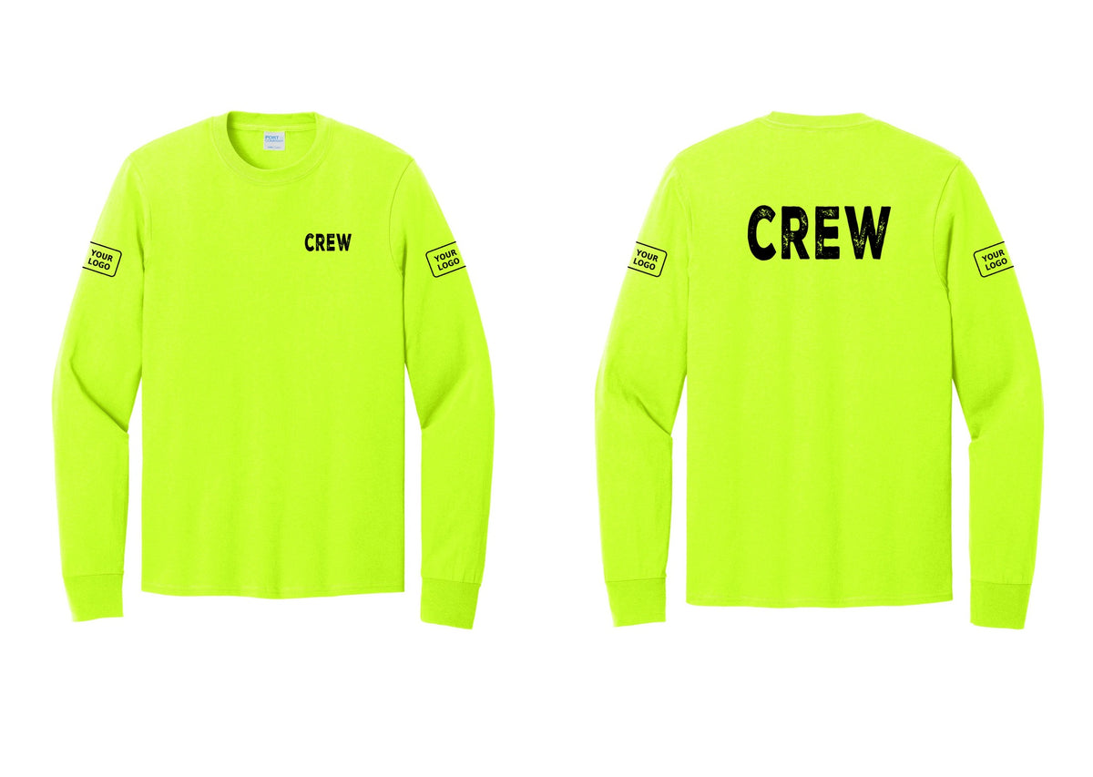 NYC Factory Custom Work Crew Uniform Cotton Long Sleeve Tee with Your Logo (Rustic) - Chest + Back + Your Logo Sleeves - Safety Green