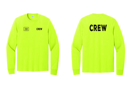 NYC Factory Custom Work Crew Uniform Cotton Long Sleeve Tee with Your Logo (Rustic) - CREW + Your Logo + Back - Safety Green