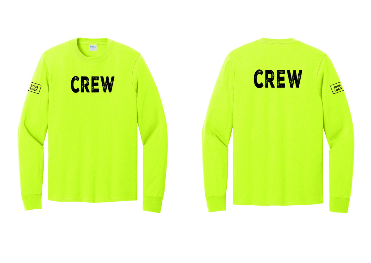 NYC Factory Custom Work Crew Uniform Cotton Long Sleeve Tee with Your Logo (Rustic) - Front + Back + Your Logo Sleeve - Safety Green