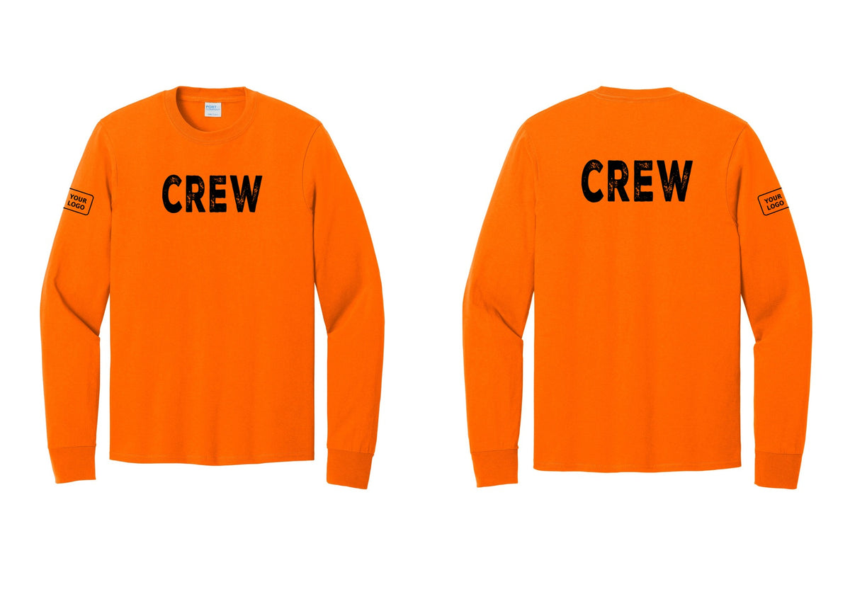NYC Factory Custom Work Crew Uniform Cotton Long Sleeve Tee with Your Logo (Rustic) - Front + Back + Your Logo Sleeve - Safety Orange