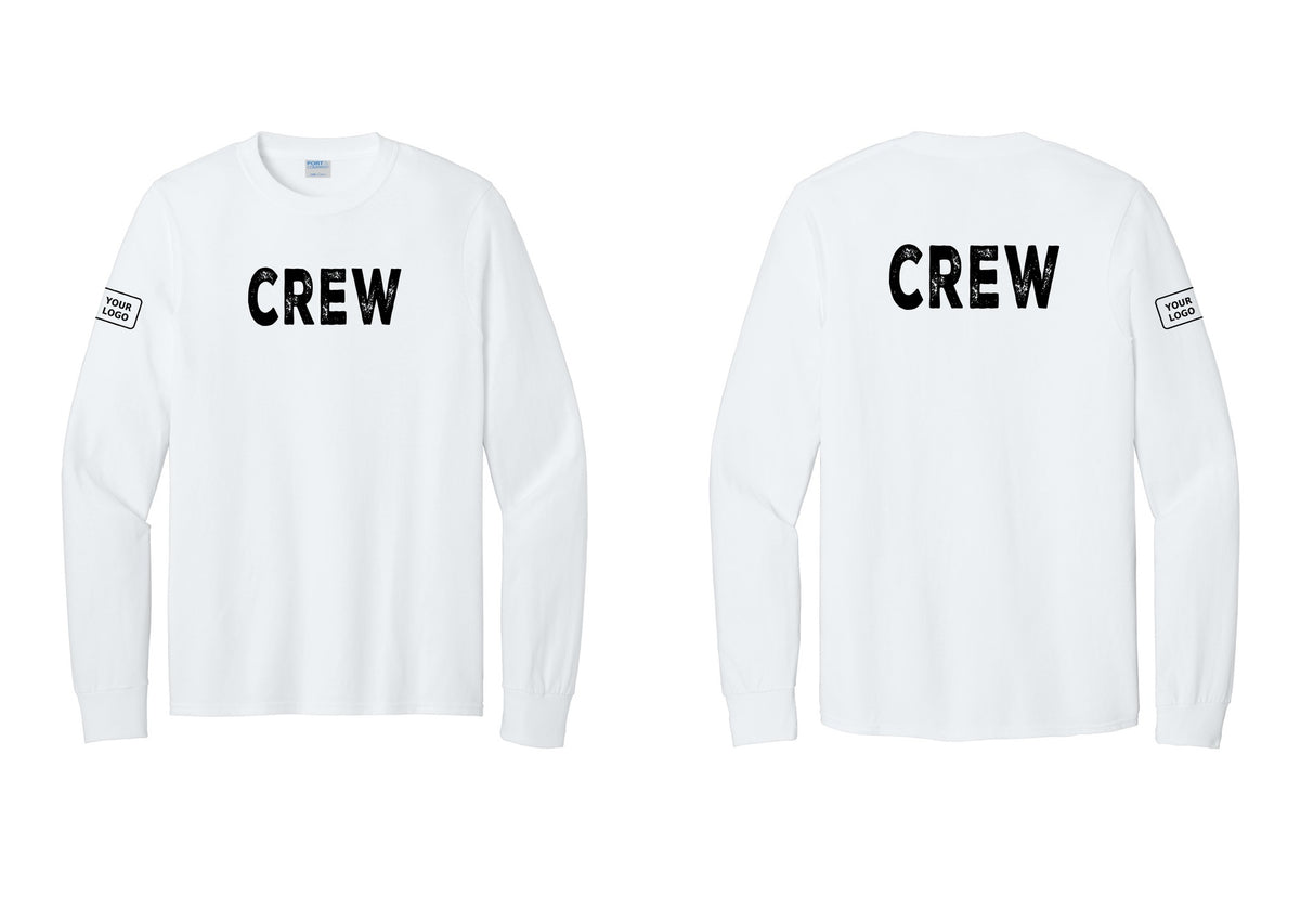 NYC Factory Custom Work Crew Uniform Cotton Long Sleeve Tee with Your Logo (Rustic) - Front + Back + Your Logo Sleeve - White