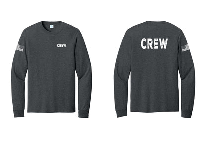 NYC Factory Crew Cotton Long Sleeve T-Shirt for Event Staff & Production Teams (Rustic) - Chest + Back + US Flag Sleeve - Dark Heather Grey