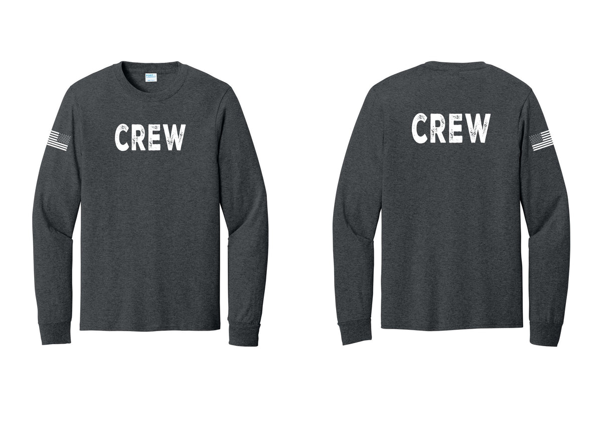 NYC Factory Crew Cotton Long Sleeve T-Shirt for Event Staff & Production Teams (Rustic) - Front + Back + US Flag Sleeve - Dark Heather Grey