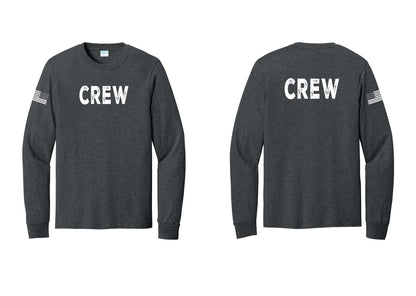 NYC Factory Crew Cotton Long Sleeve T-Shirt for Event Staff & Production Teams (Rustic) - Front + Back + US Flag Sleeve - Dark Heather Grey