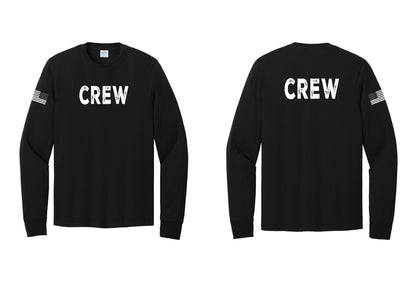 NYC Factory Crew Cotton Long Sleeve T-Shirt for Event Staff & Production Teams (Rustic) - Front + Back + US Flag Sleeve - Black