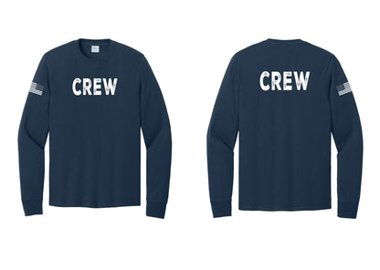 NYC Factory Crew Cotton Long Sleeve T-Shirt for Event Staff & Production Teams (Rustic) - Front + Back + US Flag Sleeve - Navy
