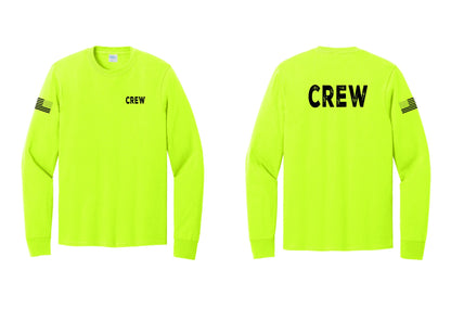 NYC Factory Crew Cotton Long Sleeve T-Shirt for Event Staff & Production Teams (Rustic) - Chest + Back + US Flag Sleeve - Safety Green