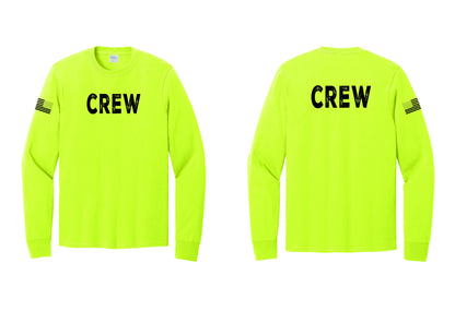 NYC Factory Crew Cotton Long Sleeve T-Shirt for Event Staff & Production Teams (Rustic) - Front + Back + US Flag Sleeve - Safety Green