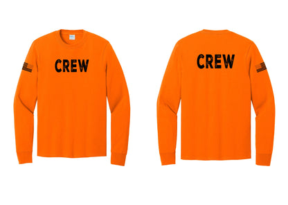 NYC Factory Crew Cotton Long Sleeve T-Shirt for Event Staff & Production Teams (Rustic) - Front + Back + US Flag Sleeve - Safety Orange