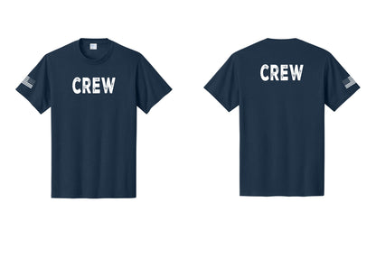 NYC Factory Crew T-Shirt, Rustic Lettering - Front + Back + US Flag Sleeve - Navy