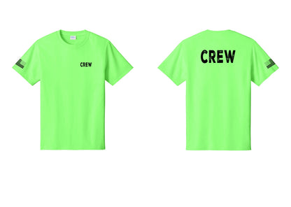 NYC Factory Crew T-Shirt for Event Staff & Production Teams (Rustic) - Chest + Back + US Flag Sleeve - Neon Green