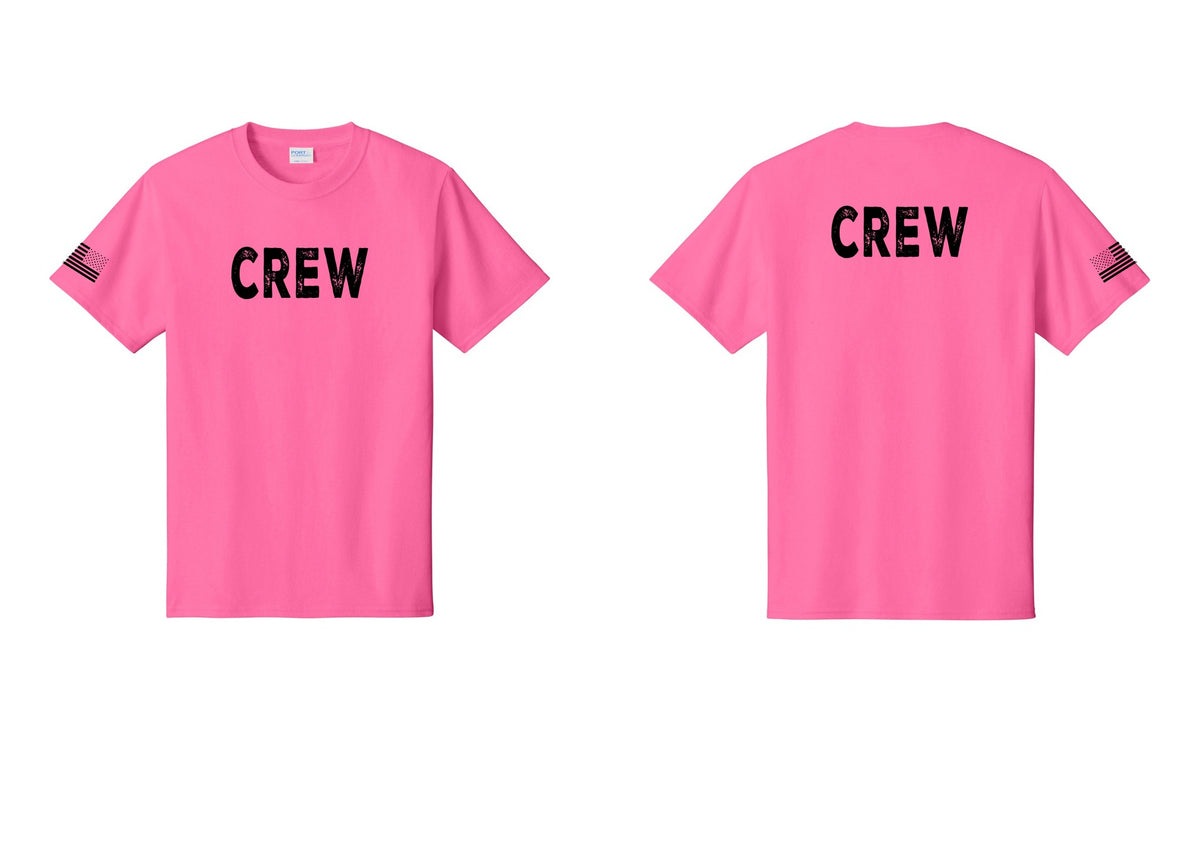 NYC Factory Crew T-Shirt, Rustic Lettering - Front + Back + US Flag Sleeve - Neon Pink