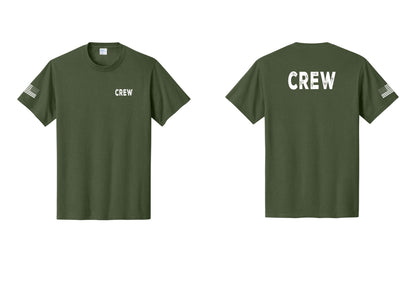 NYC Factory Crew T-Shirt, Rustic Lettering - Chest + Back + US Flag Sleeve - Olive