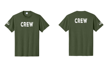 NYC Factory Crew T-Shirt, Rustic Lettering - Front + Back + US Flag Sleeve - Olive