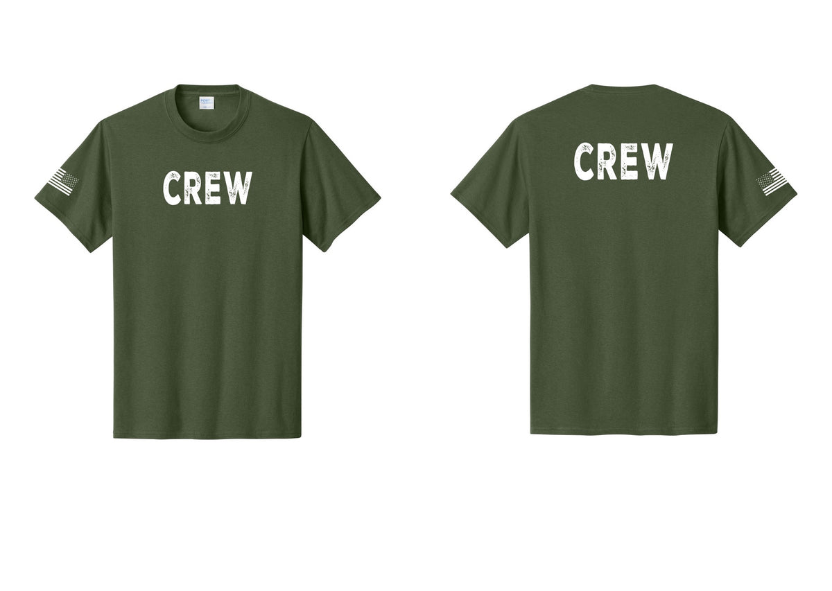 NYC Factory Crew T-Shirt for Event Staff & Production Teams (Rustic) - Front + Back + US Flag Sleeve - Olive