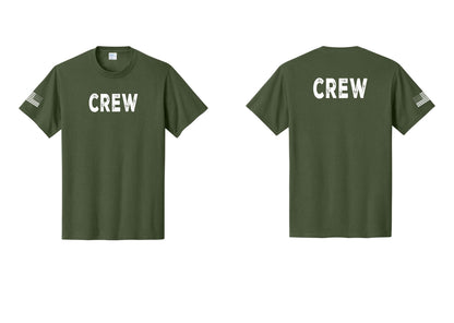 NYC Factory Crew T-Shirt for Event Staff & Production Teams (Rustic) - Front + Back + US Flag Sleeve - Olive
