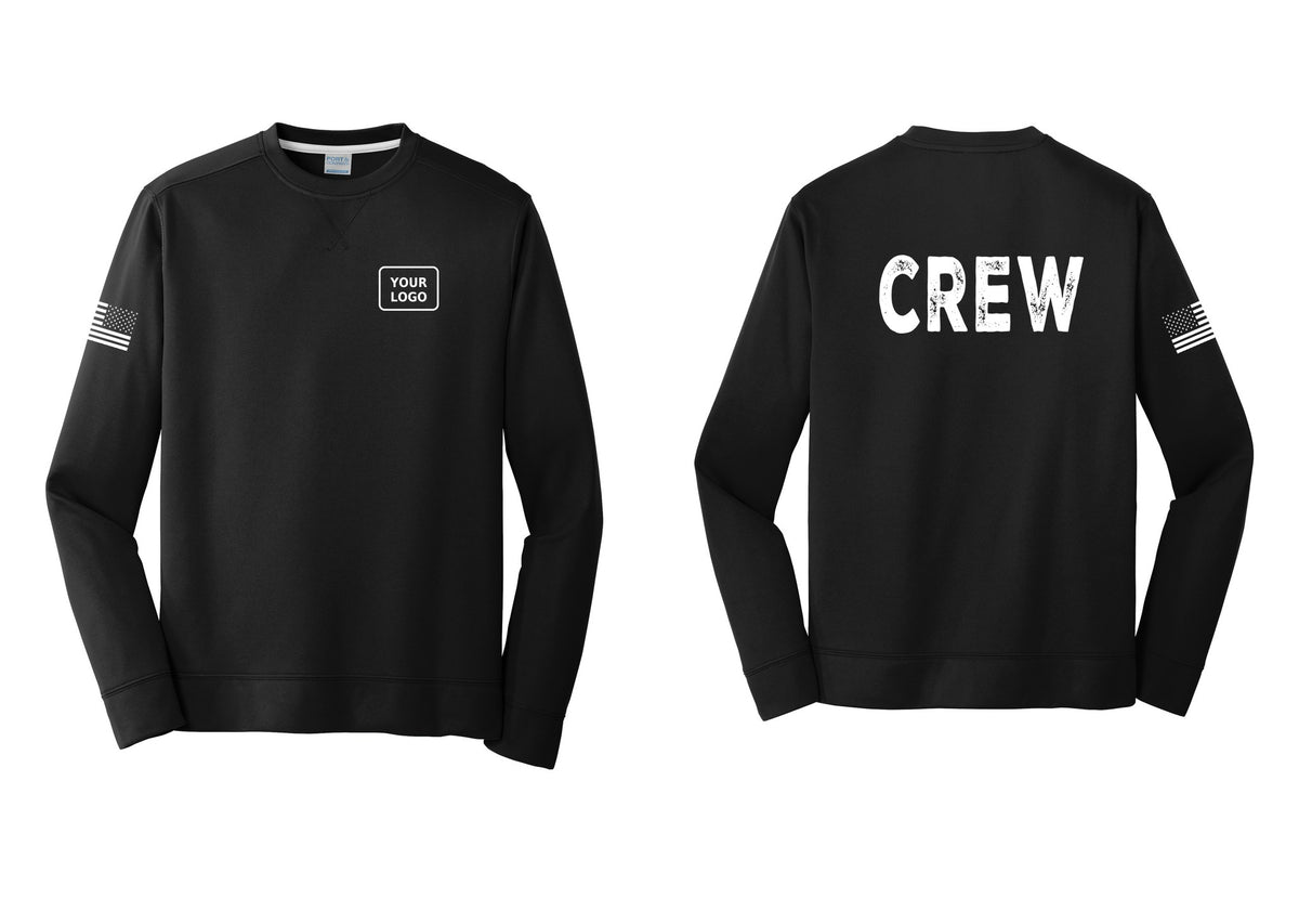NYC Factory Custom Work Crew Uniform Performance Fleece Crewneck Sweatshirt with Your Logo (Rustic) - Your Logo + Back + US Flag Sleeve - Black