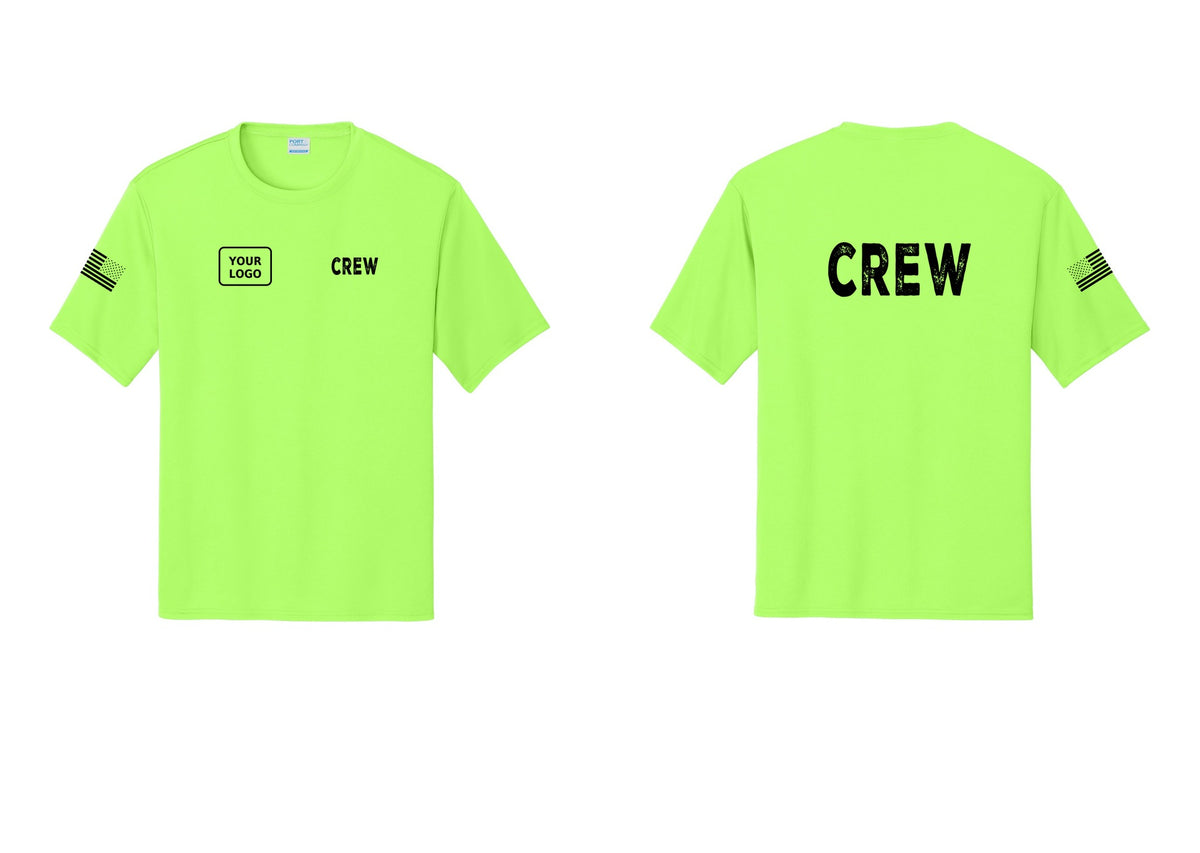NYC Factory Custom Work Crew Uniform Performance Tee with Your Logo (Rustic) - CREW + Your Logo + Back + US Flag Sleeve - Neon Green