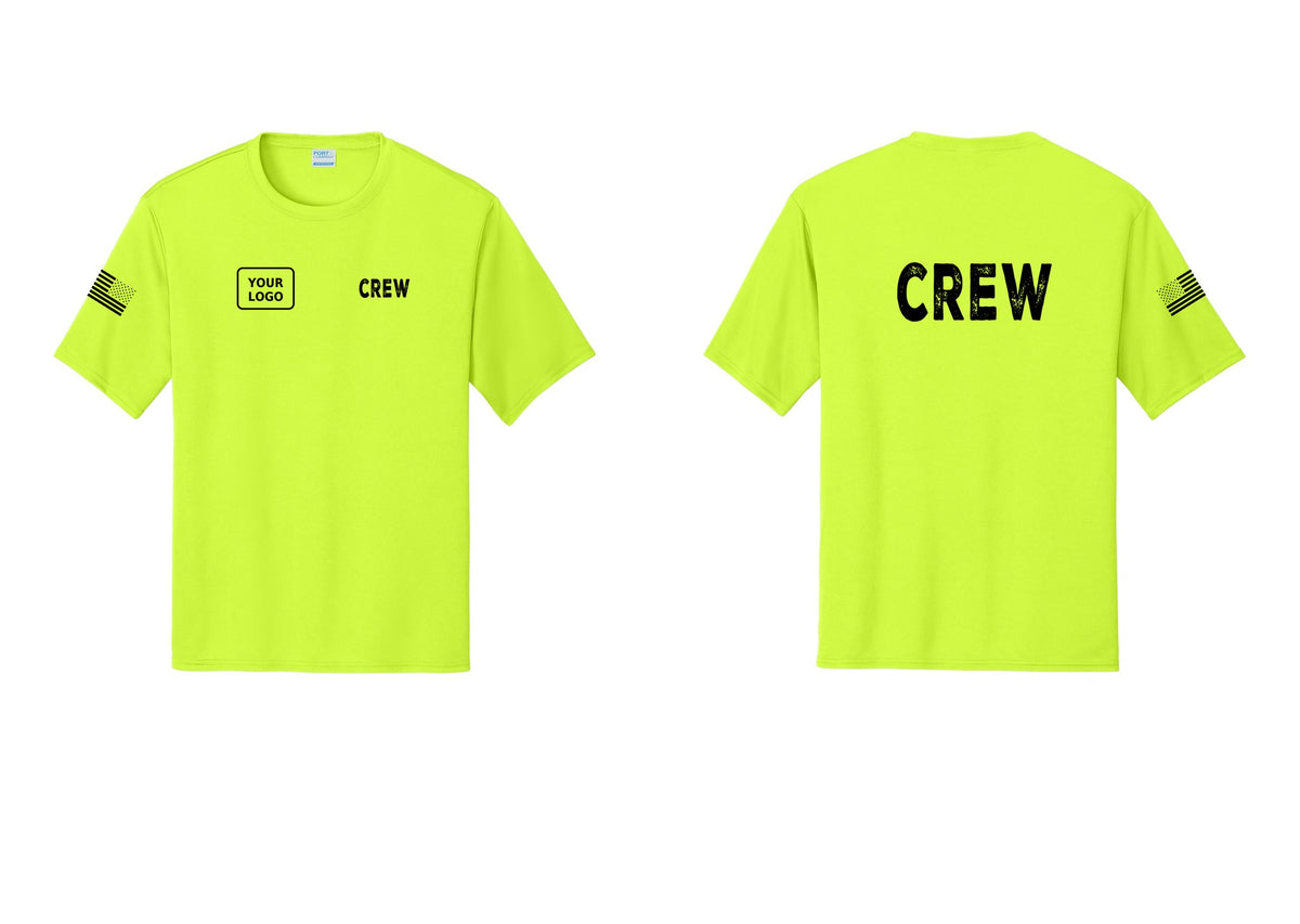 NYC Factory Custom Work Crew Uniform Performance Tee with Your Logo (Rustic) - CREW + Your Logo + Back + US Flag Sleeve - Neon Yellow