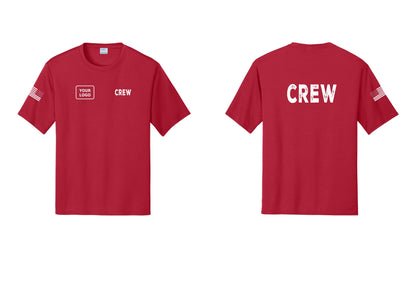NYC Factory Custom Work Crew Uniform Performance Tee with Your Logo (Rustic) - CREW + Your Logo + Back + US Flag Sleeve - Red
