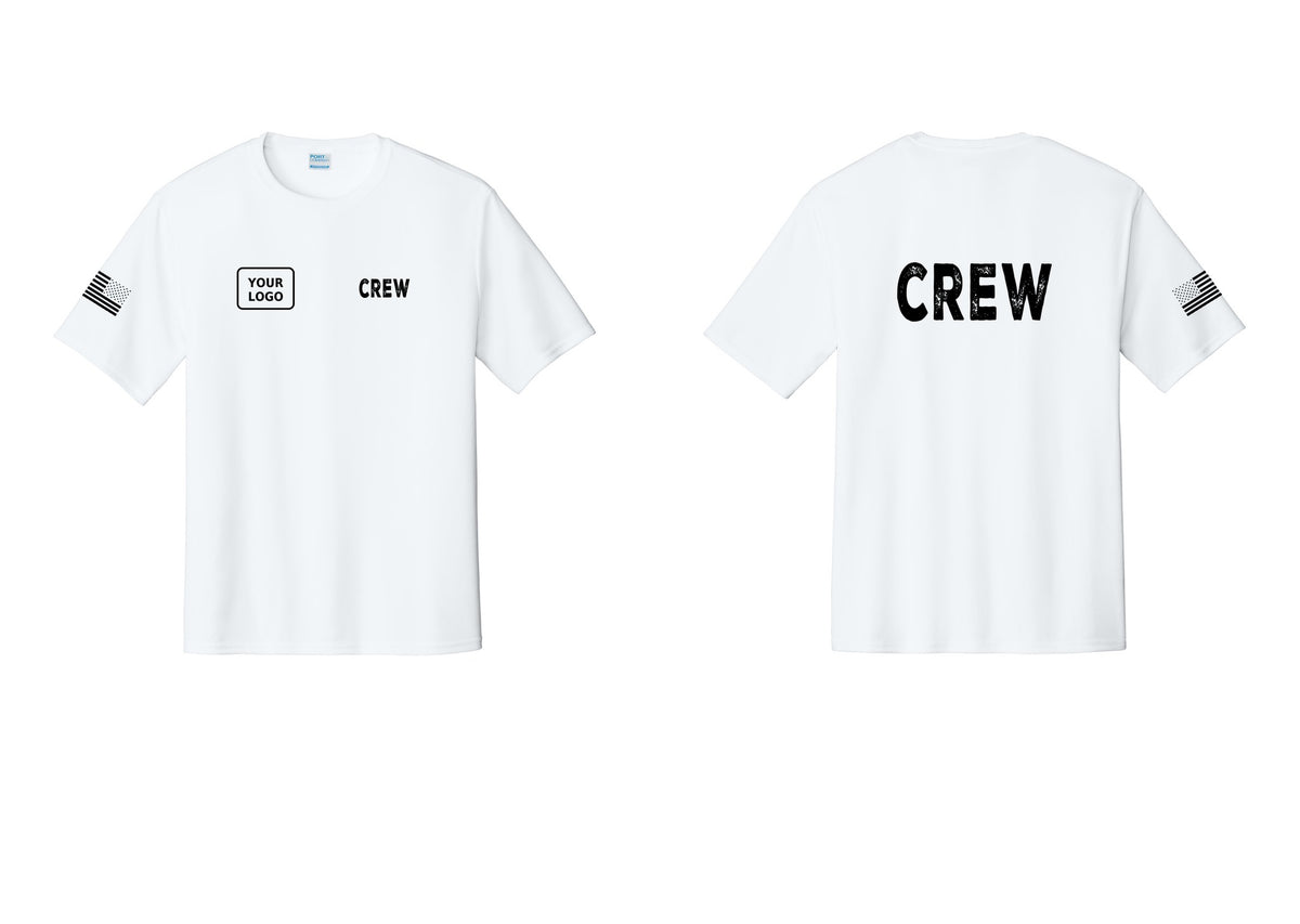 NYC Factory Custom Work Crew Uniform Performance Tee with Your Logo (Rustic) - CREW + Your Logo + Back + US Flag Sleeve - White