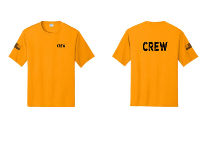 NYC Factory Crew Performance T-Shirt for Event Staff & Production Teams (Rustic) - Chest + Back + US Flag Sleeve - Gold