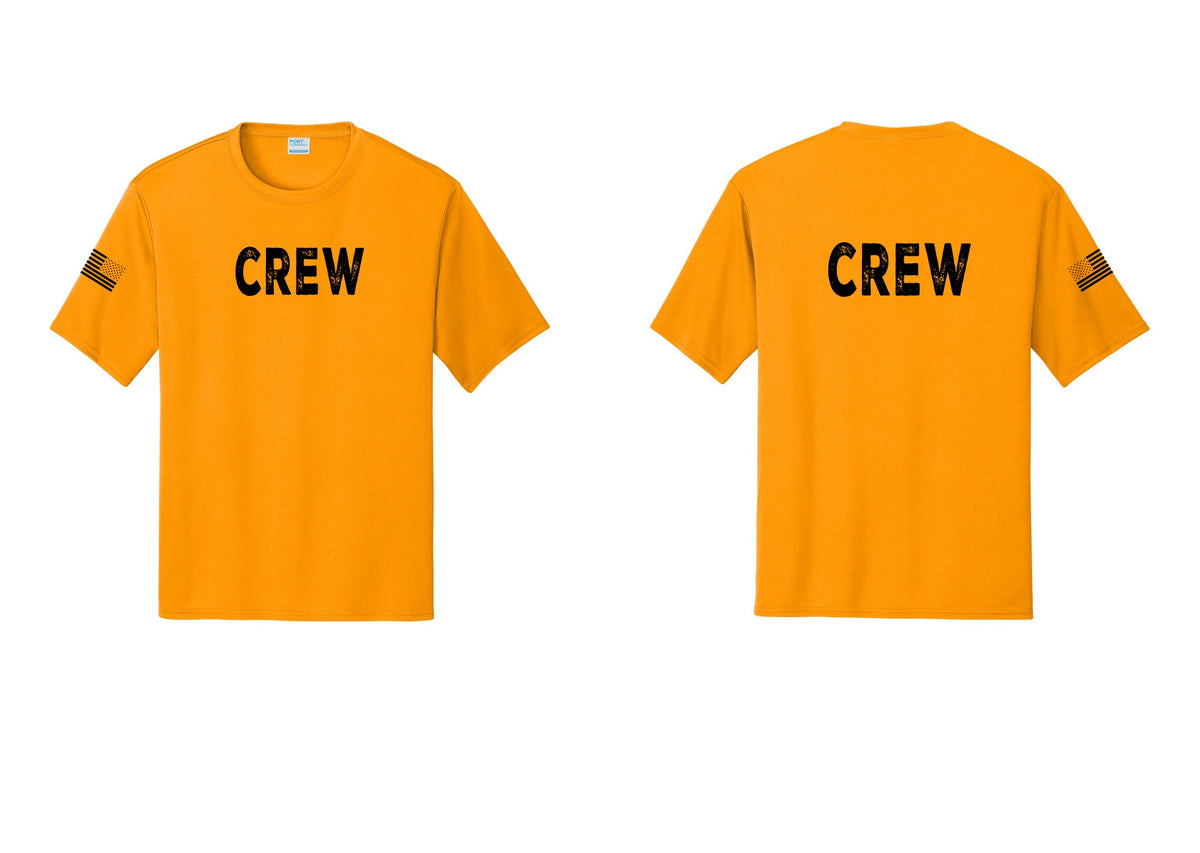 NYC Factory Crew Performance T-Shirt for Event Staff & Production Teams (Rustic) - Front + Back + US Flag Sleeve - Gold