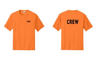 NYC Factory Crew Performance T-Shirt for Event Staff & Production Teams (Rustic) - Chest + Back - Neon Orange
