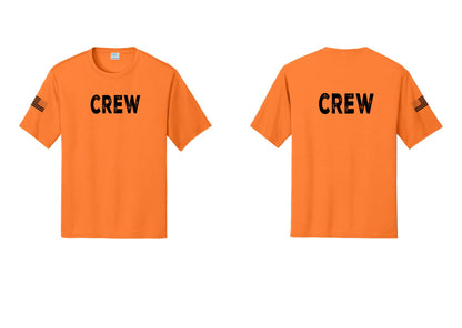 NYC Factory Crew Performance T-Shirt for Event Staff & Production Teams (Rustic) - Front + Back + US Flag Sleeve - Neon Orange