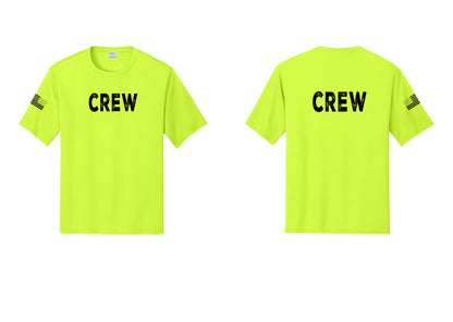 NYC Factory Crew Performance T-Shirt for Event Staff & Production Teams (Rustic) - Front + Back + US Flag Sleeve - Neon Yellow