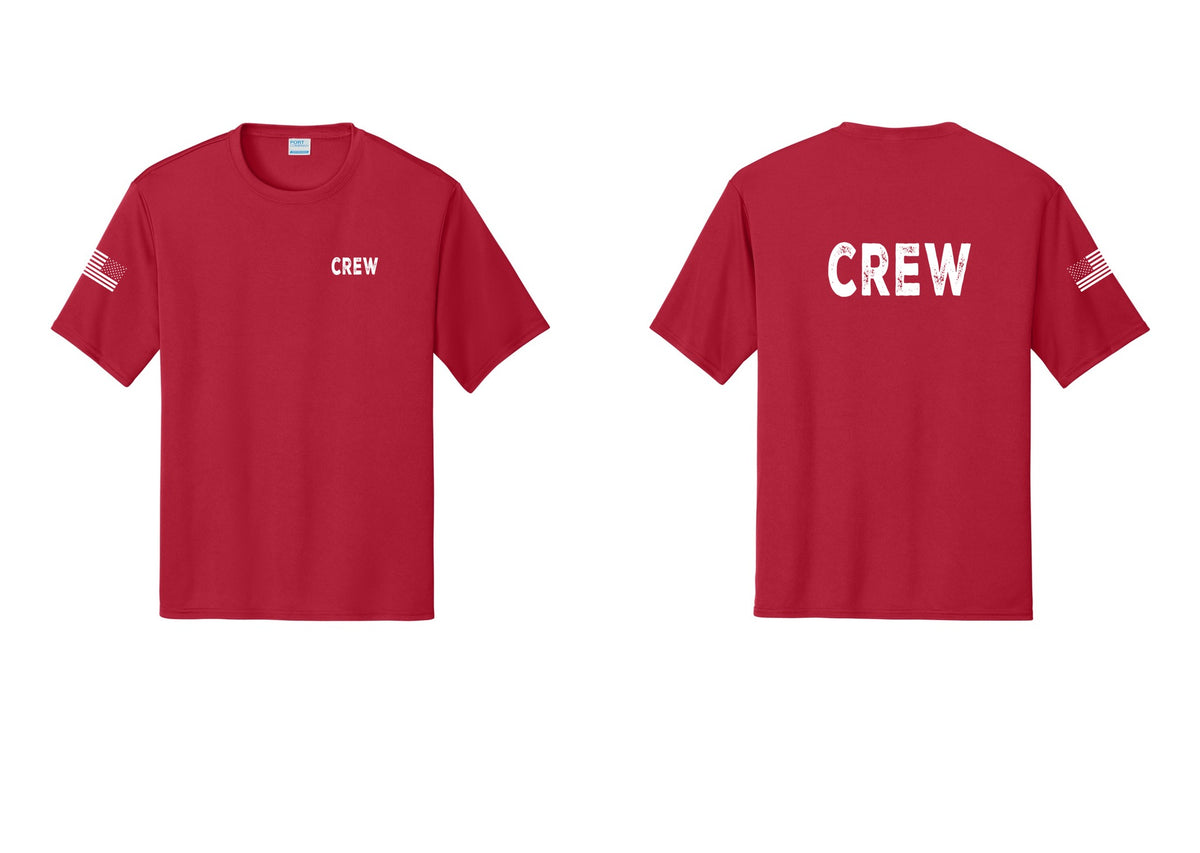 NYC Factory Crew Performance T-Shirt for Event Staff & Production Teams (Rustic) - Chest + Back + US Flag Sleeve - Red