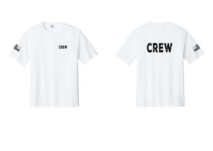 NYC Factory Crew Performance T-Shirt for Event Staff & Production Teams (Rustic) - Chest + Back + US Flag Sleeve - White