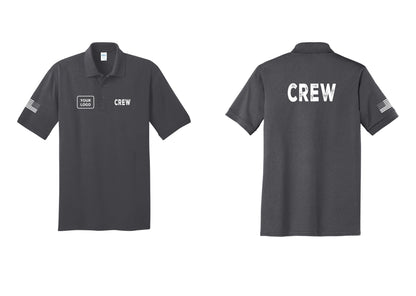 NYC Factory Custom Work Crew Uniform Polo Shirt with Your Logo (Rustic) - CREW + Your Logo + Back + US Flag Sleeve - Charcoal
