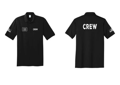 NYC Factory Custom Work Crew Uniform Polo Shirt with Your Logo (Rustic) - CREW + Your Logo + Back + US Flag Sleeve - Black