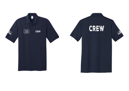 NYC Factory Custom Work Crew Uniform Polo Shirt with Your Logo (Rustic) - CREW + Your Logo + Back + US Flag Sleeve - Navy