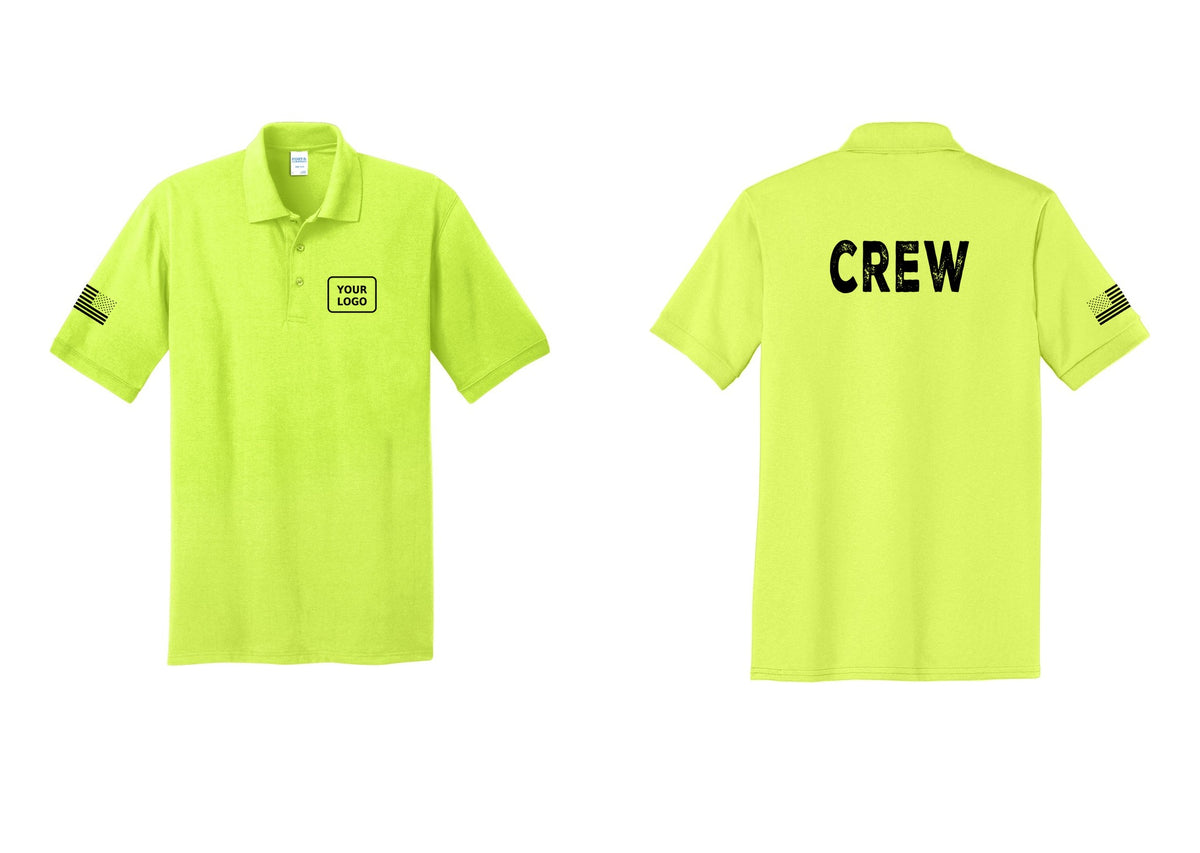 NYC Factory Custom Work Crew Uniform Polo Shirt with Your Logo (Rustic) - Your Logo + Back + US Flag Sleeve - Safety Green