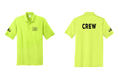 NYC Factory Custom Work Crew Uniform Polo Shirt with Your Logo (Rustic) - Your Logo + Back + US Flag Sleeve - Safety Green