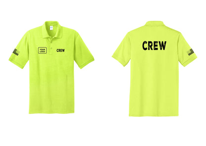 NYC Factory Custom Work Crew Uniform Polo Shirt with Your Logo (Rustic) - CREW + Your Logo + Back + US Flag Sleeve - Safety Green