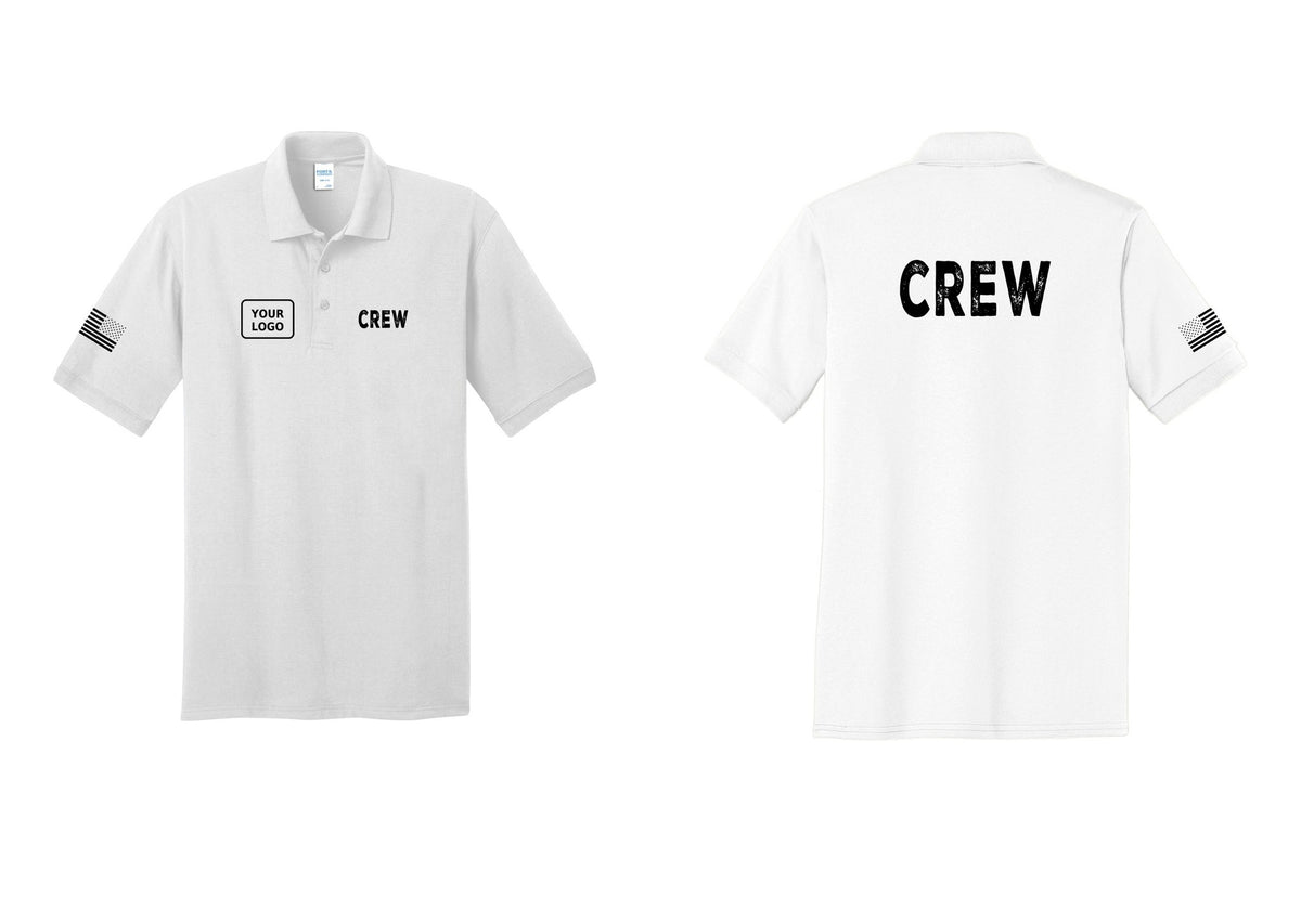NYC Factory Custom Work Crew Uniform Polo Shirt with Your Logo (Rustic) - CREW + Your Logo + Back + US Flag Sleeve - White