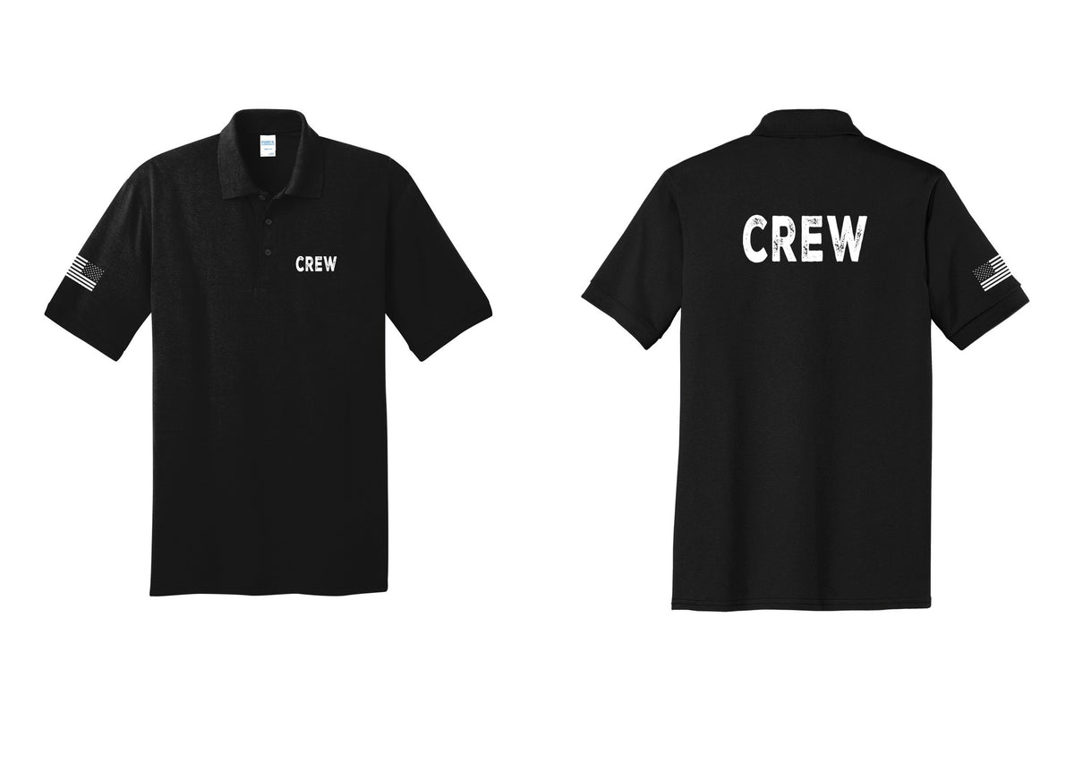NYC Factory Crew Polo Shirt for Event Staff & Production Teams (Rustic) - Chest + Back + US Flag Sleeve - Black