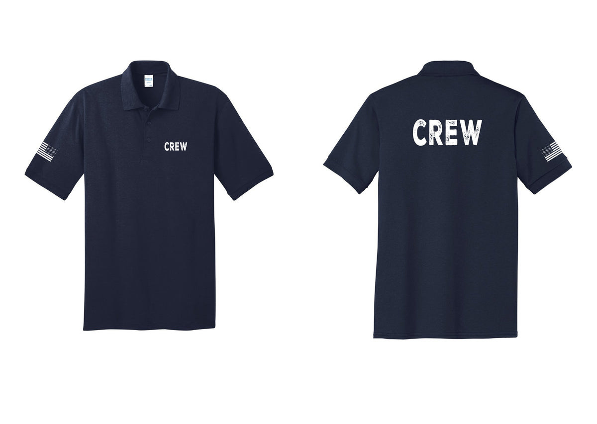 NYC Factory Crew Polo Shirt for Event Staff & Production Teams (Rustic) - Chest + Back + US Flag Sleeve - Navy