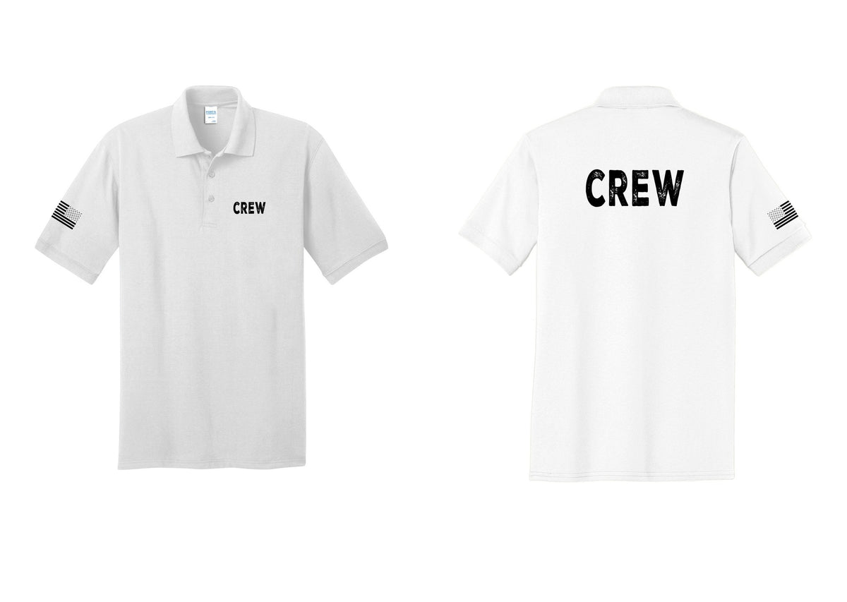 NYC Factory Crew Polo Shirt for Event Staff & Production Teams (Rustic) - Chest + Back + US Flag Sleeve - White