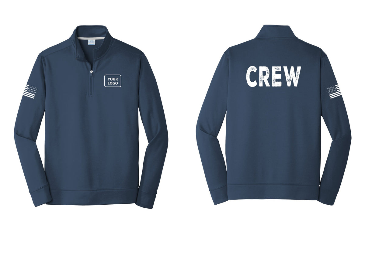 NYC Factory Custom Work Crew Uniform Performance Fleece 1/4-Zip Pullover Sweatshirt with Your Logo (Rustic) - Your Logo + Back + US Flag Sleeve - Navy
